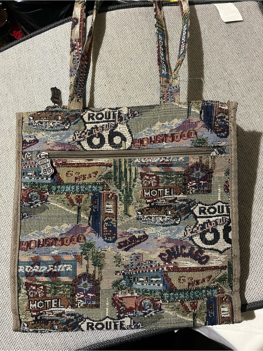 Route 66 Tapestry Tote Bag in Multicolor Scenic Print